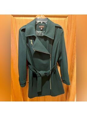 Dana Buchman Asymmetrical Belted Dark Green Trench Coat w/ Gold Zipper Buttons